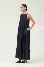 BLACK SATIN TIERED MAXI DRESS