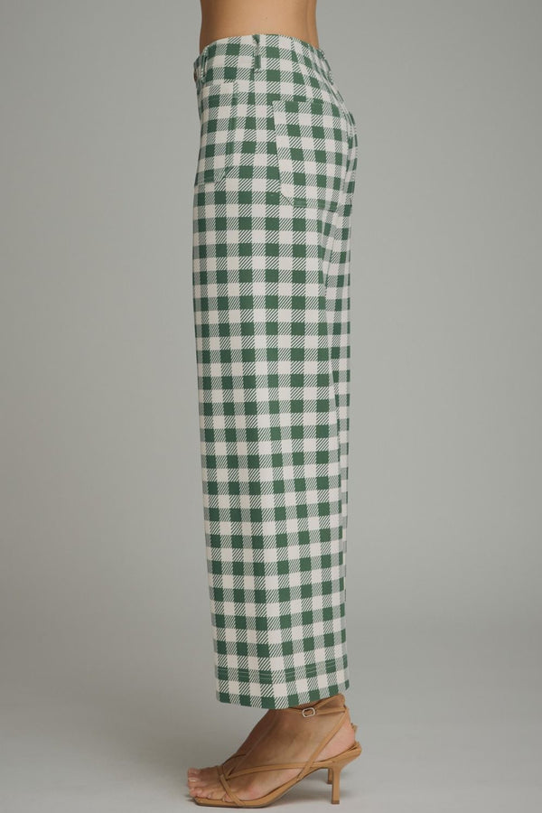 Green Gingham Wide Leg Pants Featuring Front Patch Pockets