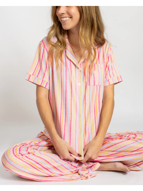 Addie Stripe Short Sleeve Button Up Sleep Shirt Pink/Multi