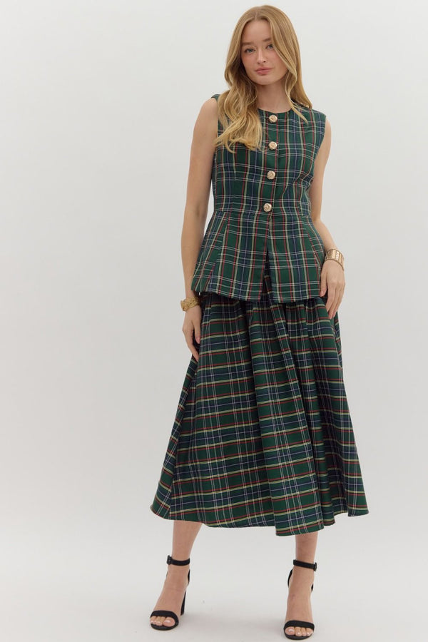 Green Plaid Pattern Pull-On Midi Skirt