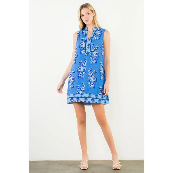 Blue Sleeveless Floral Print Dress