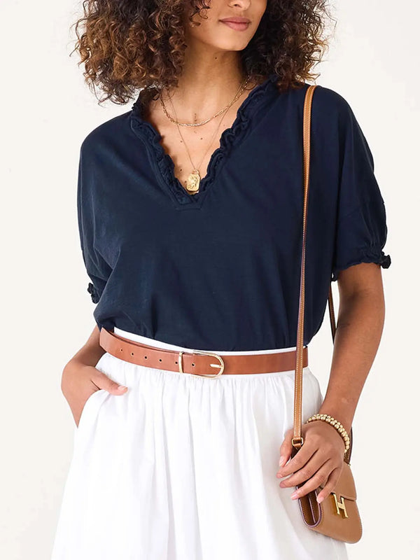 Amelia Ruffle Tee - Navy