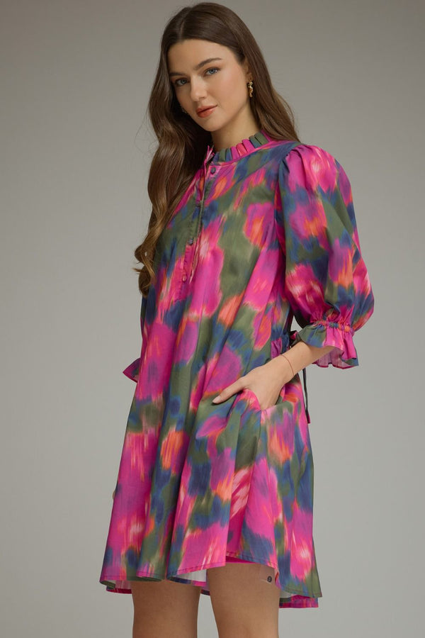 Magenta Printed Puff Sleeve Mini Dress w Ruffled Mock Neck