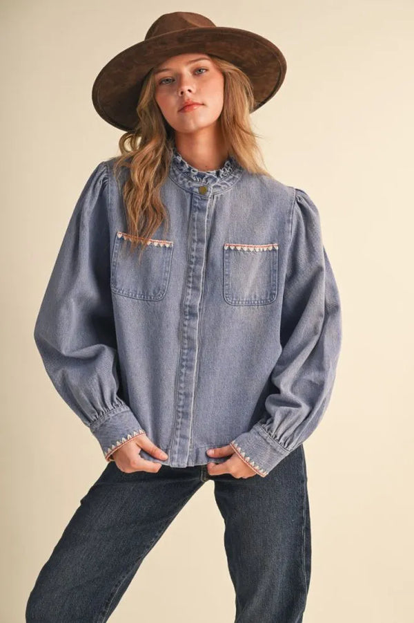Denim Button Down Top w Ruffle Mock Neckline