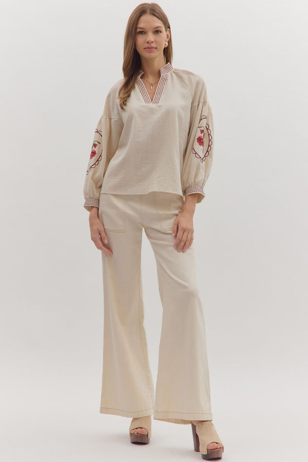 Ecru Long Sleeve Top w Floral Embroidery and Scallop Details