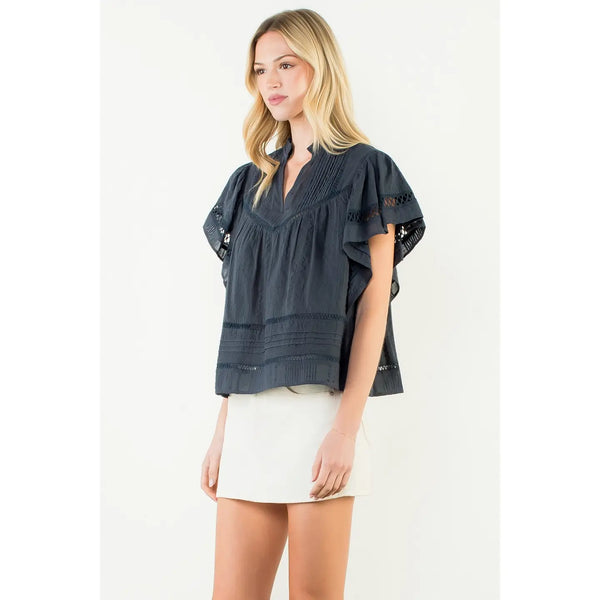 Short Sleeve Navy Lace Detail V-Neck Top