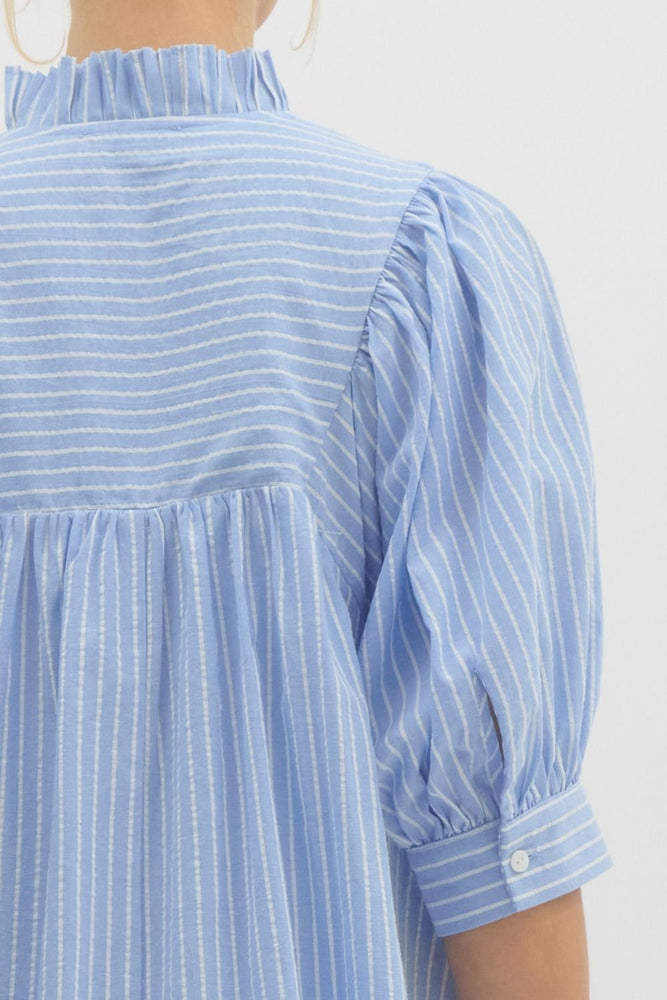 Pinstripe V-Neck Dress - Chambray