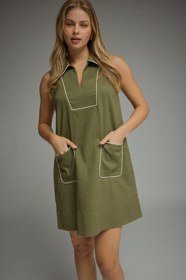 Olive Sleeveless Mini Dress w Contrast Piping