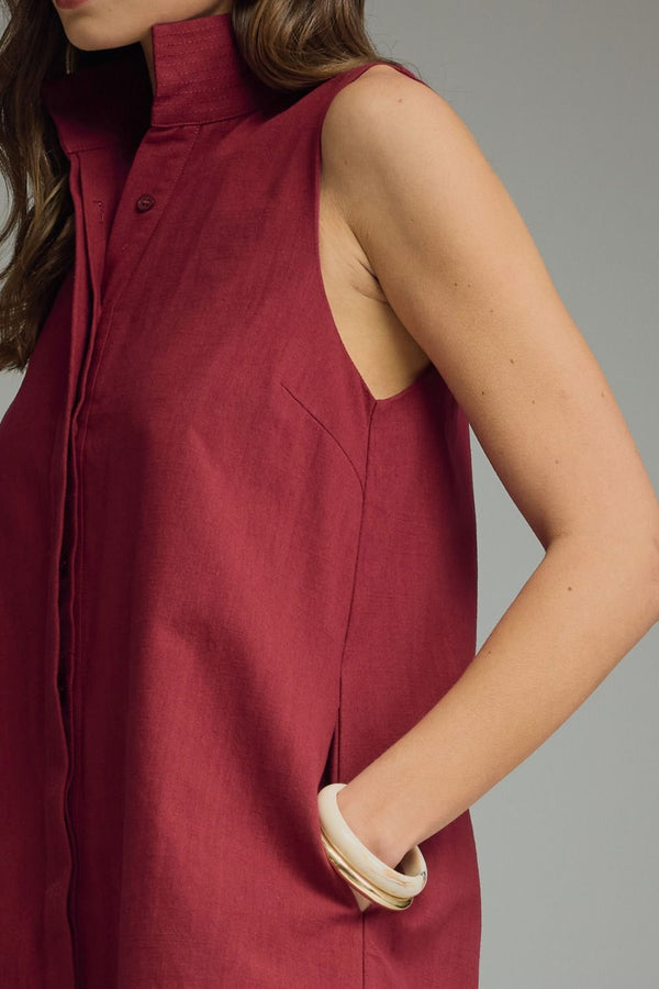 Solid Crimson Stand Collar Sleeveless Mini Dress