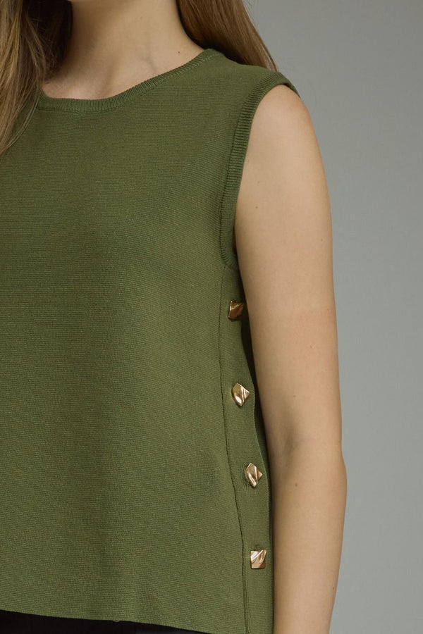Olive Solid Sleeveless Knit Top Featuring Side Button Closure