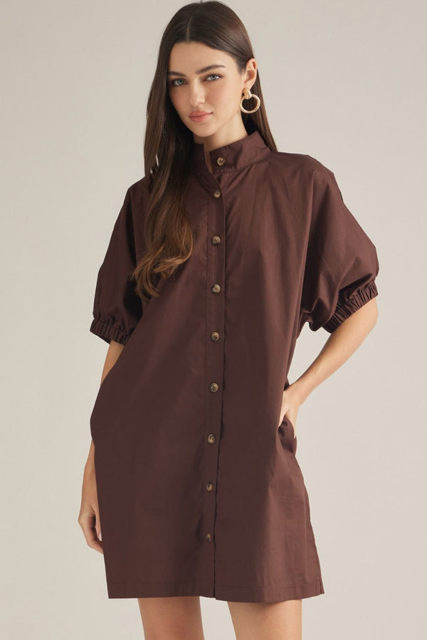Solid Brown Short Puff Sleeve Mini Dress