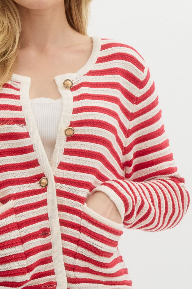 Red Striped Sweater Knit Cardigan