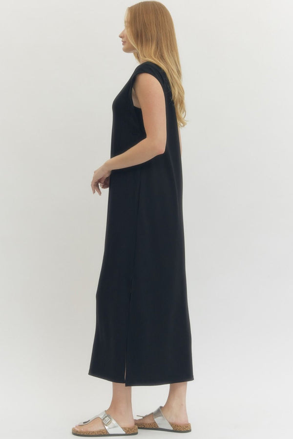 Solid Black Jersey Knit Pullover Midi Dress