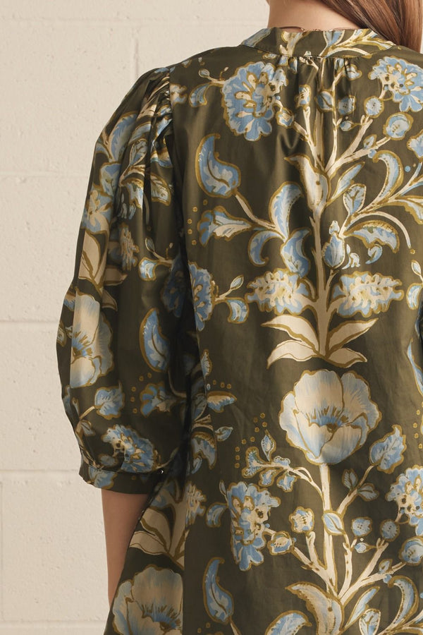 Floral Print Olive 3/4 Puff Sleeve Mini Dress