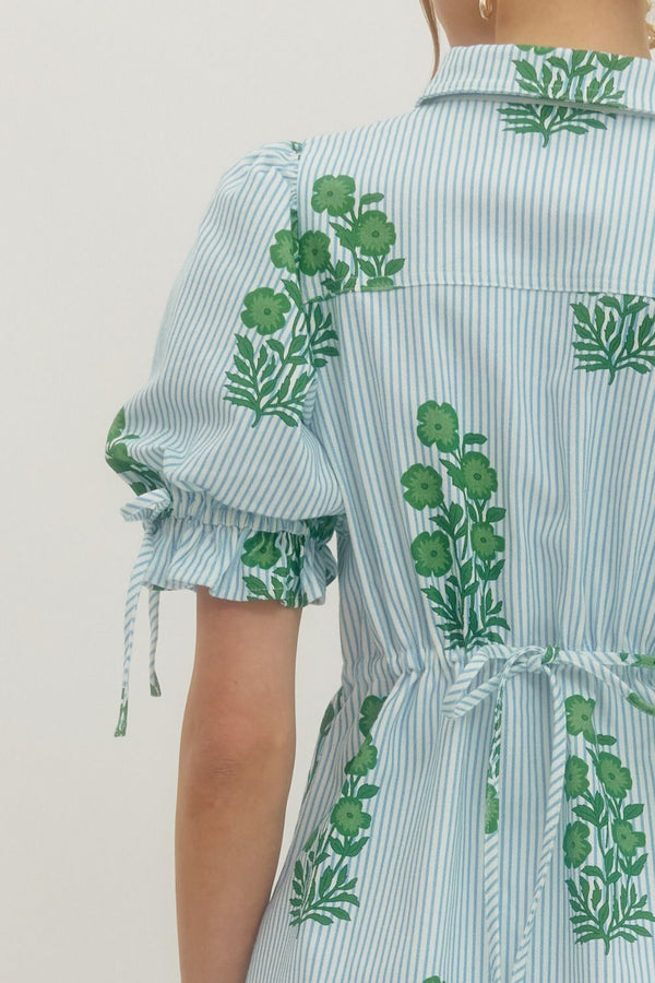 Striped Blue & Green Floral Print Puff Sleeve Mini Dress