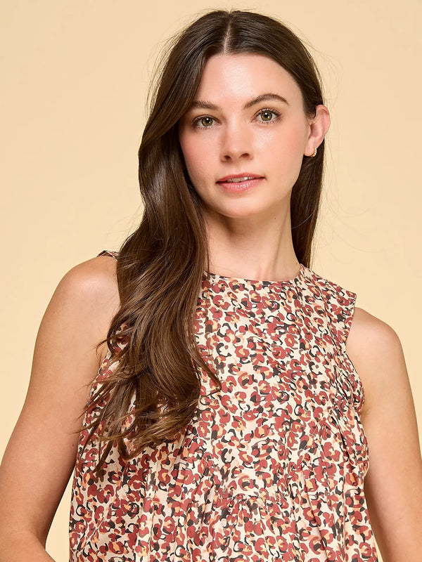 Floral Print Pleated Detail Flowy Design Top Burgundy