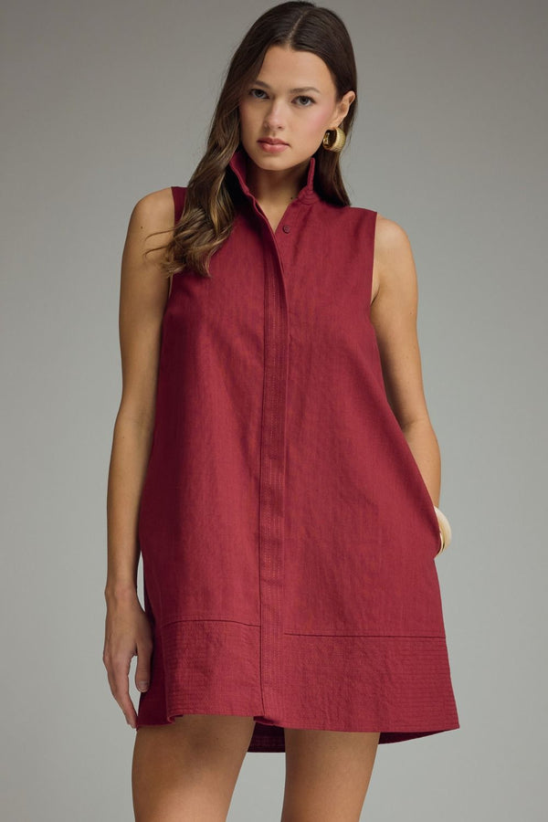Solid Crimson Stand Collar Sleeveless Mini Dress