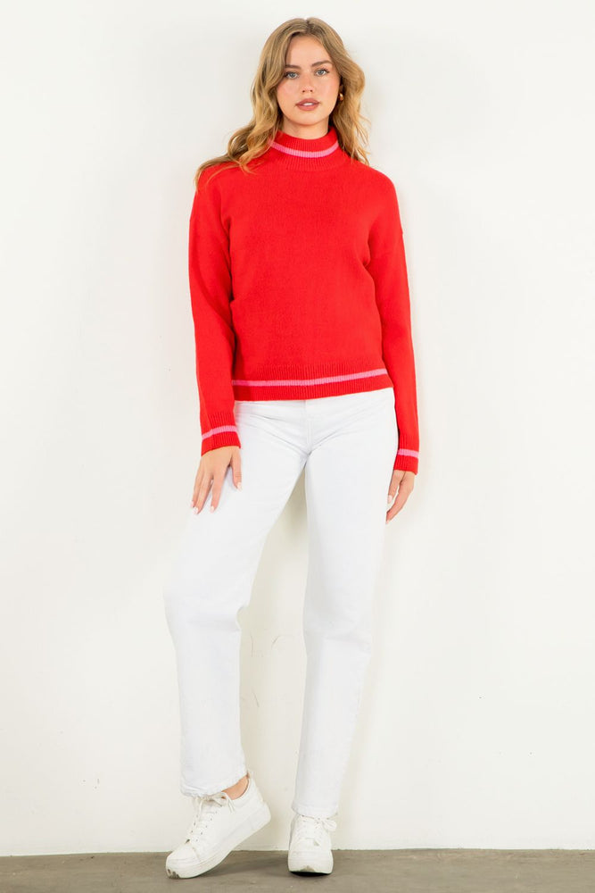 Red Mock Neck Knit Sweater