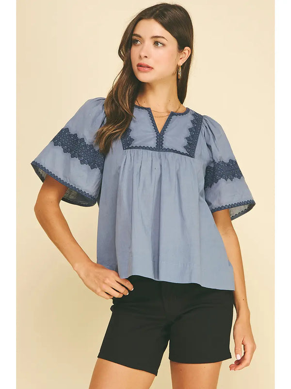 Boho Embroidred Blue Puff Sleeve Blouse