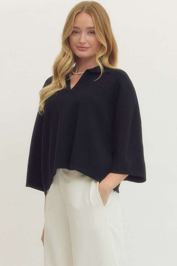 Black Solid Knit Top w V-neck Collar