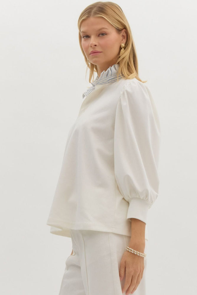 White Popover Top with Chambray Stripe Collar