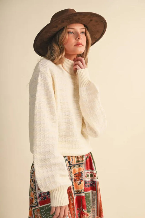 Quilted Ivory Cream Knit Mock Neck Sweater