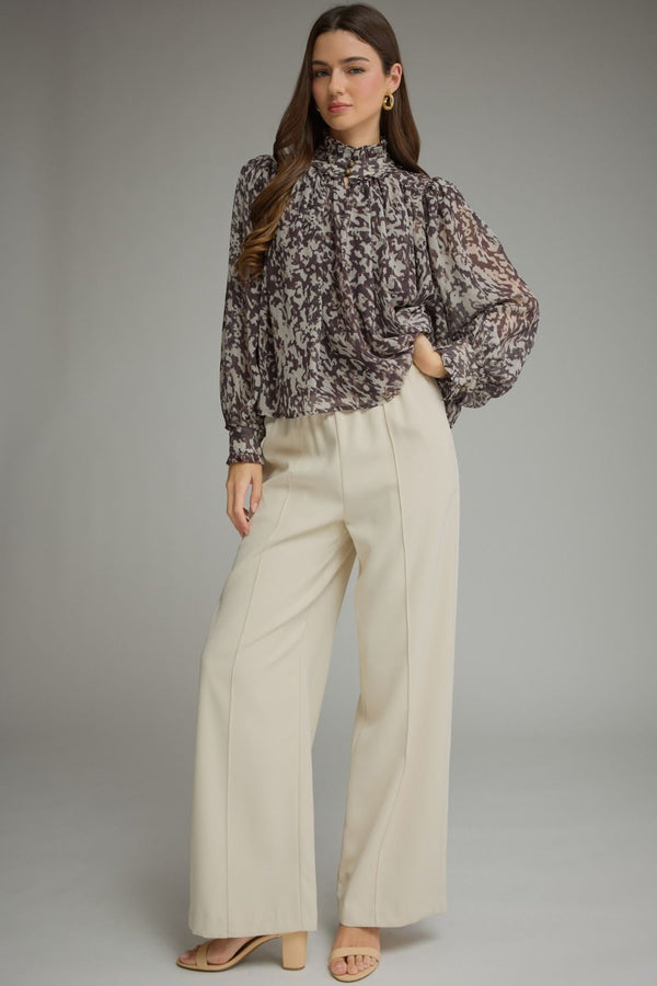 Brown & Ecru Long Puff Sleeve Top w Ruffle High Neckline