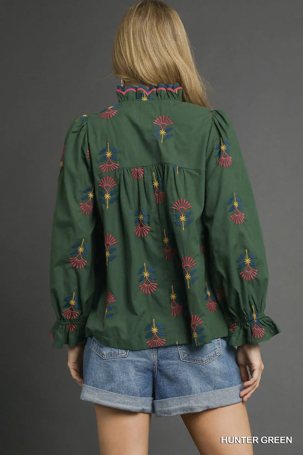 Hunter Green Embroidered Floral Ruffle Neck Blouse