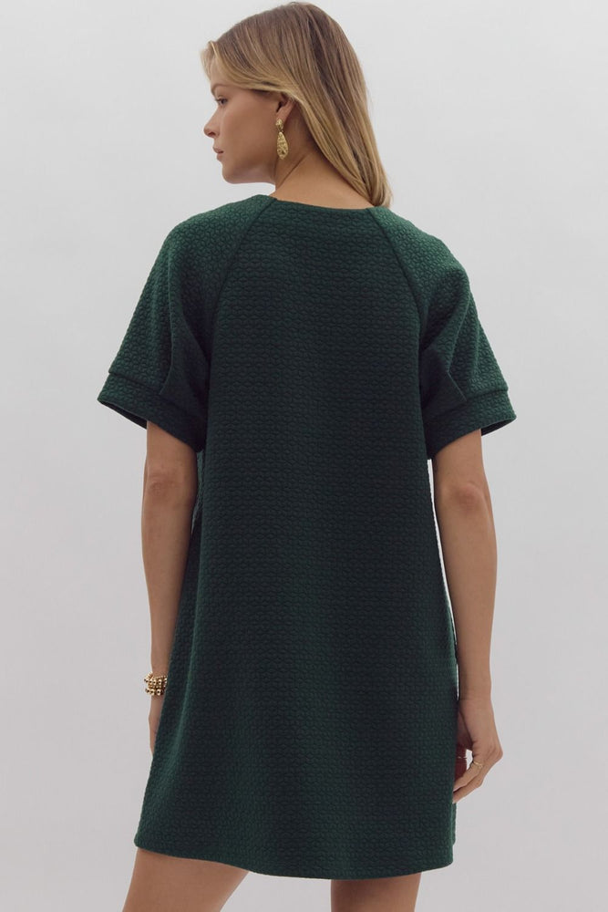 Green Textured Short Sleeve Mini Dress