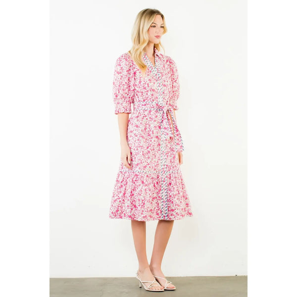 Pink Sleeve Floral Detail Button Down Dress