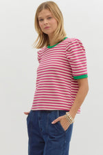 Pink Striped Top w/ Kelly Green Trim