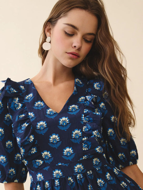 Navy Floral Print V Neck Cascading Ruffle Detail Dress