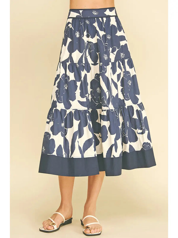 Navy Floral Tiered Midi Skirt