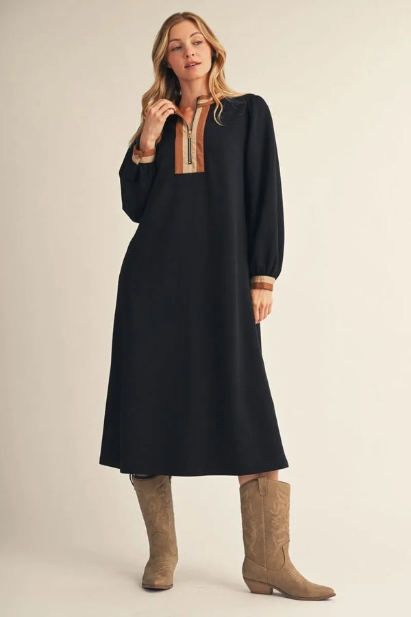 Black Long Sleeves Midi Dress w Color Contrast & Front Zip Up
