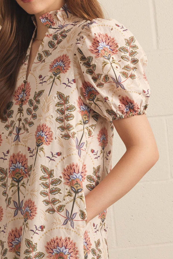 Eyelet Floral Print Puff Sleeve Midi Dress Featuring Ruffle Neck Detail