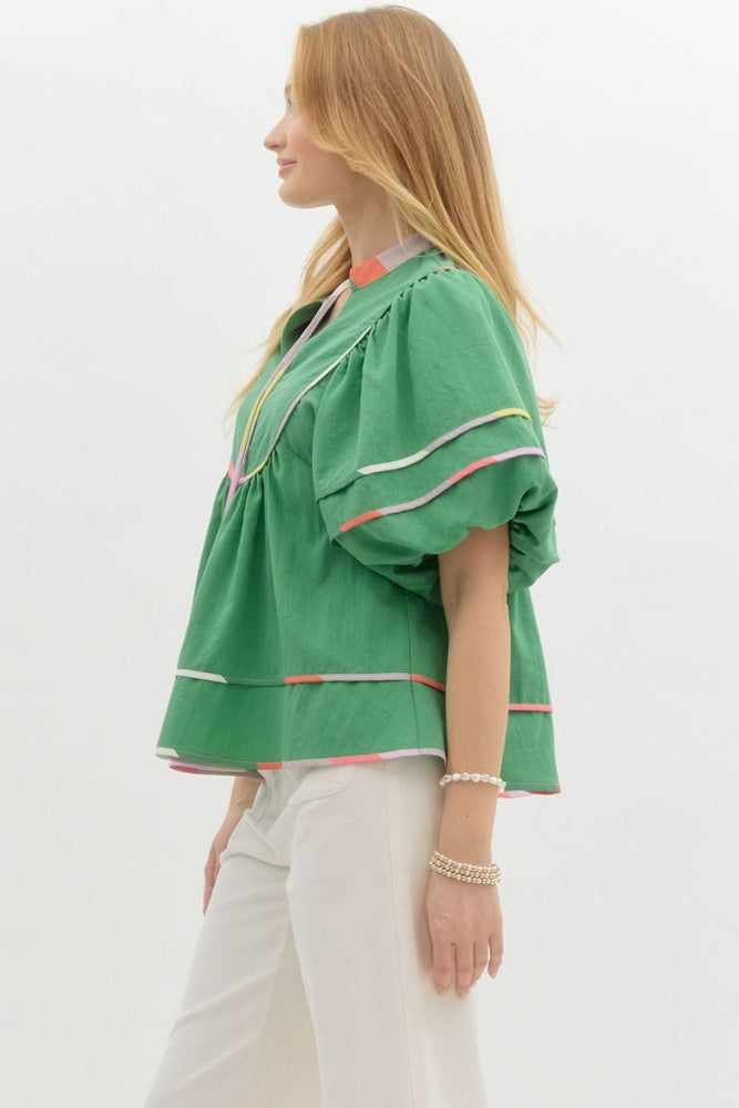 Green Multi Color Trim Puff Sleeve Top