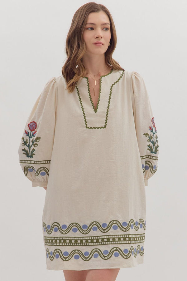 Ecru 3/4 Puff Sleeve Mini Dress Embroidered w Scallop Accent