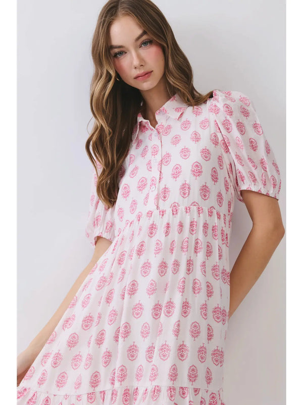 Pink Floral Print Puff Sleeve Tiered Midi Dress