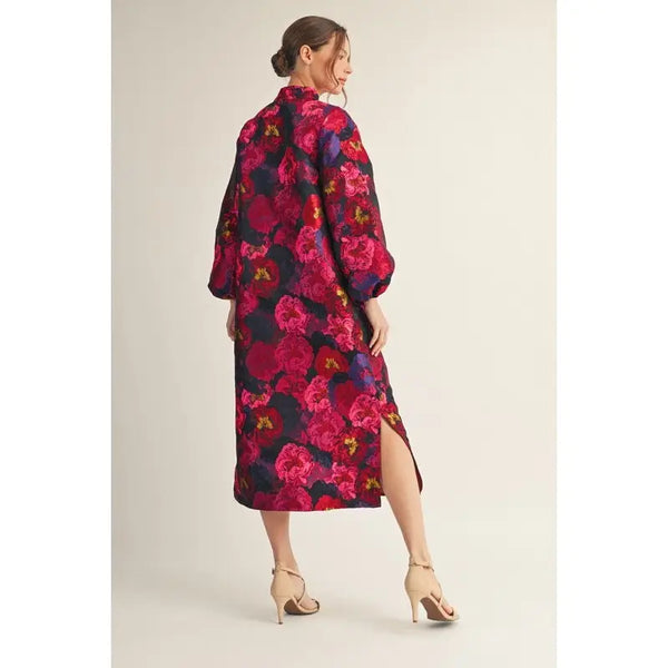 Hot Pink Puff Sleeves Floral Midi Dress