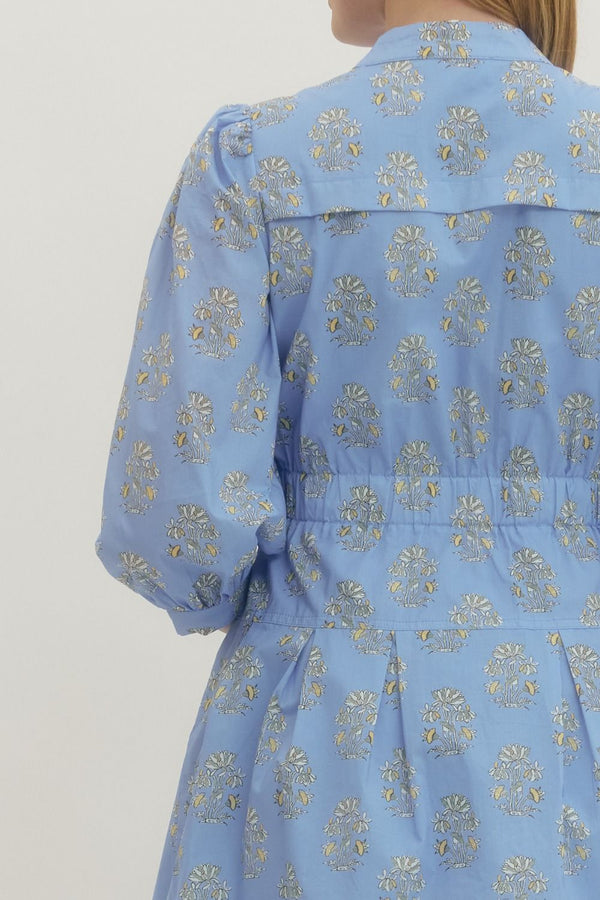 Blue Floral Print Mini Dress Featuring Band Collar