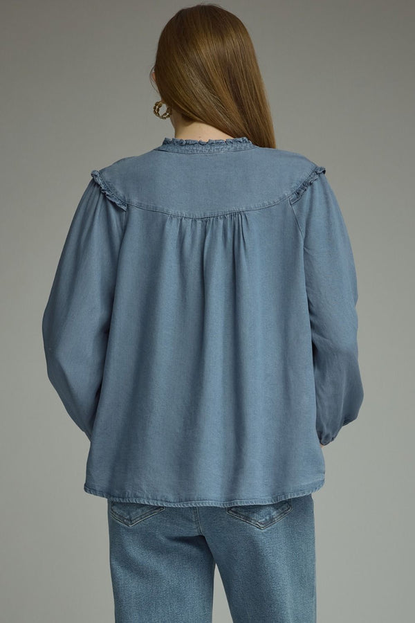 Long Sleeve Denim Top featuring Ruffled Trim