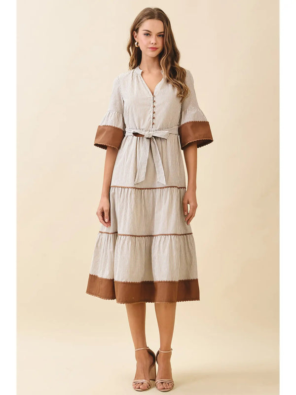 Striped Split Neck Contrast Trim Detail Midi Dress