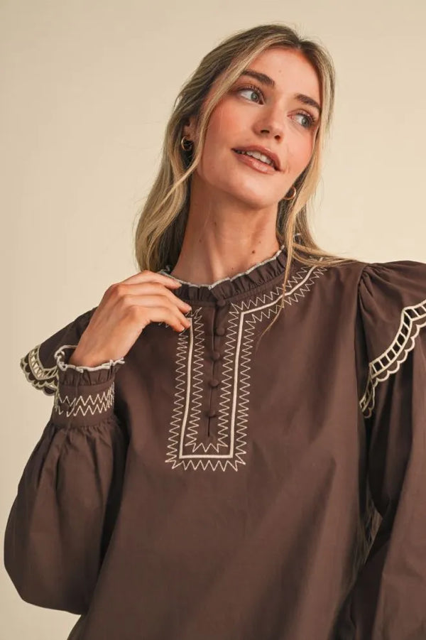 Cocoa Brown Embroidered Long Sleeve Top w Ruffle Mock Neckline