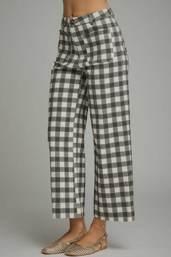 Black Gingham Wide Leg Pants w Front Pockets