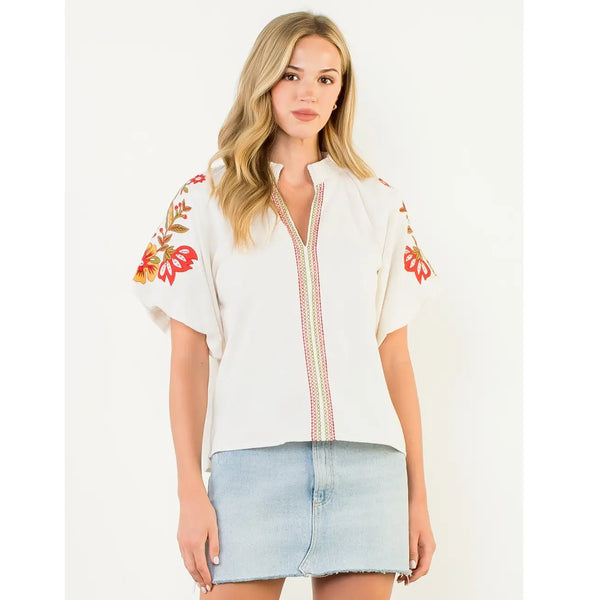 Embroidered Detail Puff Sleeve Cream Corduroy Top