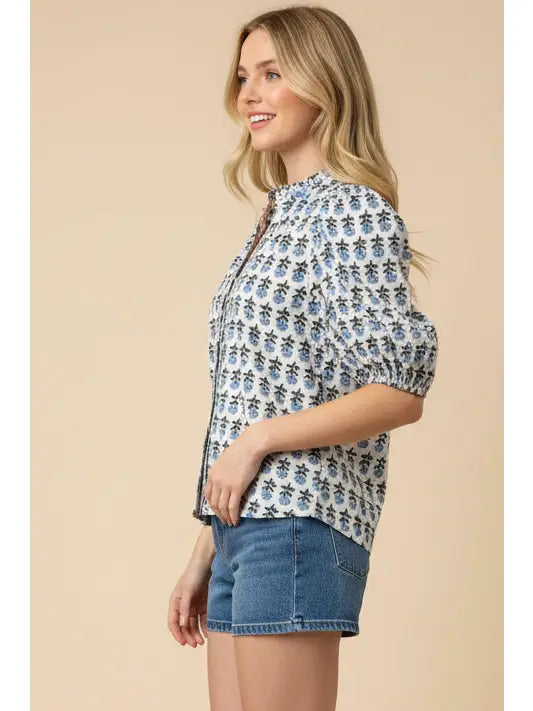 Blue Floral Puff Sleeve Collared Blouse
