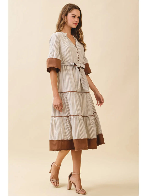 Striped Split Neck Contrast Trim Detail Midi Dress