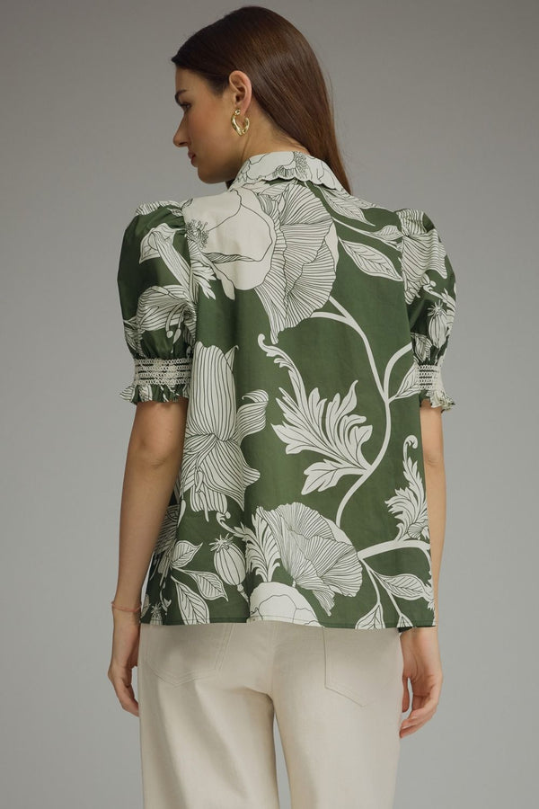 Floral Fern Print Puff Sleeve Top Featuring Scallop Trim