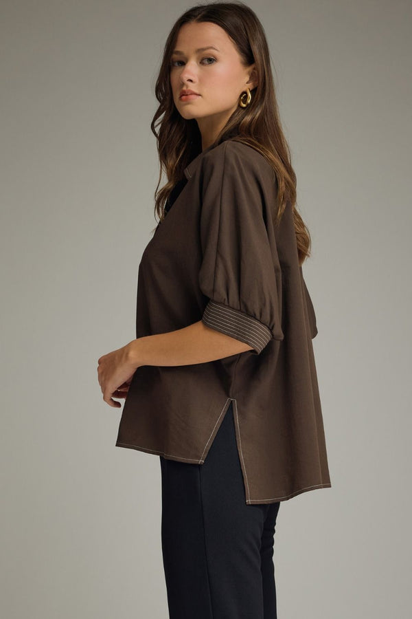 Brown Short Sleeve Top w Split V-Neck & Contrast Stitch detail