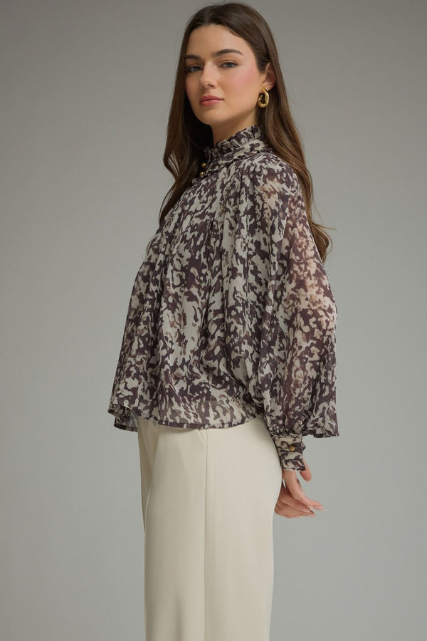 Brown & Ecru Long Puff Sleeve Top w Ruffle High Neckline